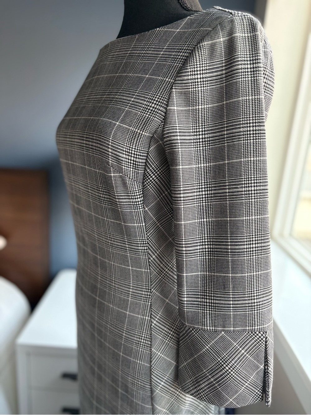 H&M Glen Check Plaid Houndstooth Ballet Neck 3/4 Sleeve A-Line Shift Mini Dress - Picture 13 of 15